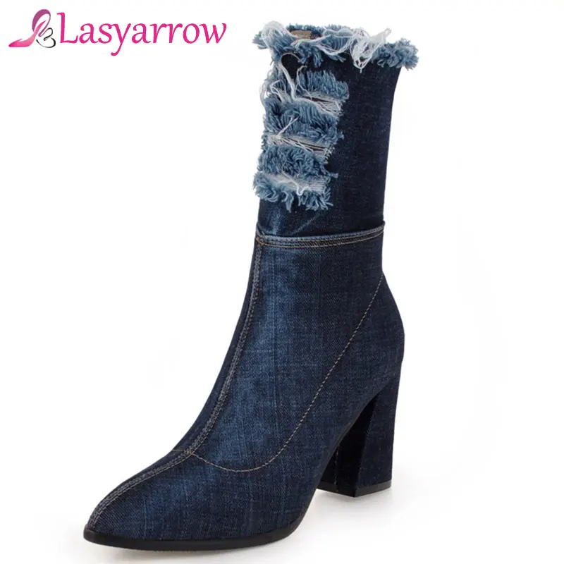 Lasyarrow Women Hole Denim Boots Autumn Winter Pointed Toe Mid Calf Boots Zipper Jeans Fashion Boots High Heels Plus Size F212
Lasyarrow Women Hole Denim Boots Autumn Winter Pointed Toe Mid Calf Boots Zipper Jeans Fashion Boots High Heels Plus Size F212