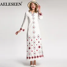 Vestido largo blanco de alta calidad con cuello en V bordado de lentejuelas manga completa moda Otoño Invierno 2018 de adeleseen Vintage(China)