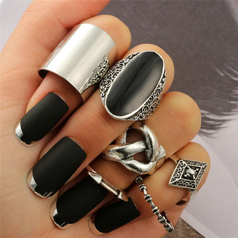 6 Pcs/set Bohemia Vintage Punk Rings Silver Color Knuckle Ring Black Stone Feather Pattern Set Jewelry Ring Accessories
6 Pcs/set Bohemia Vintage Punk Rings Silver Color Knuckle Ring Black Stone Feather Pattern Set Jewelry Ring Accessories