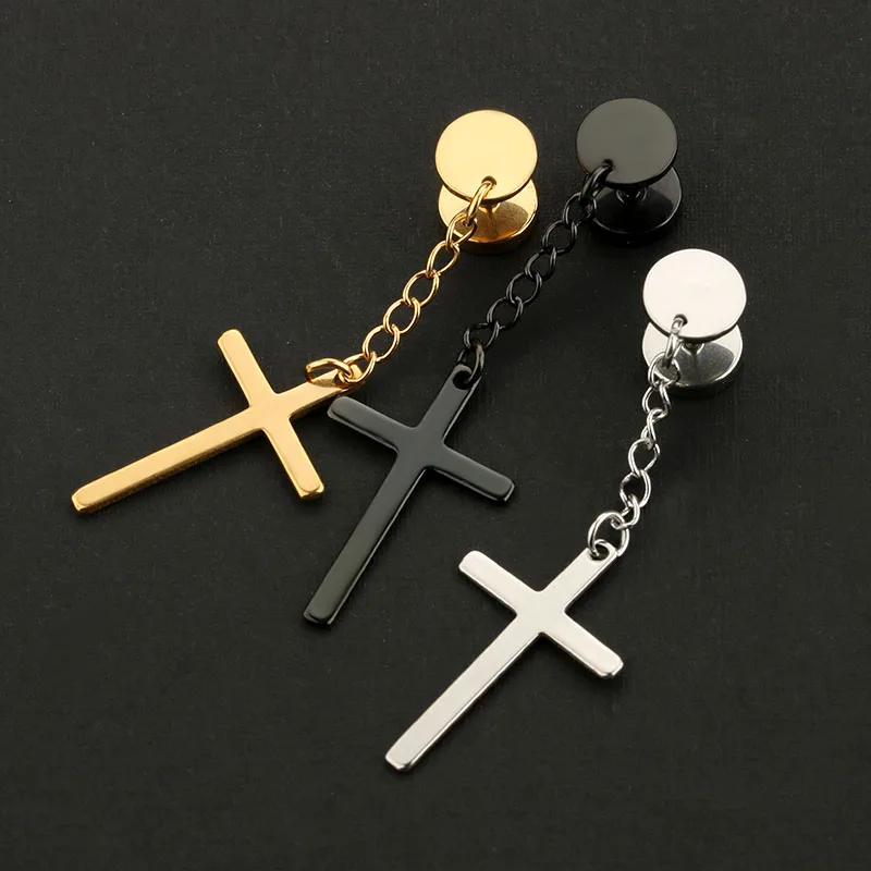 1Pair Fashion Religious Cross Dangle Earrings Ear Plugs Titanium Steel Silver Black Gold Long Earrings Men Women Free Shipping1