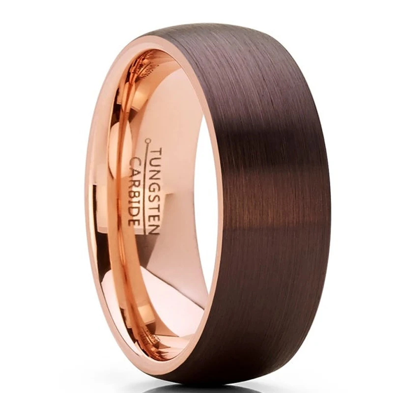 

Customize Tungsten Rings for Men Wedding Engagement Band Brushed Rose Gold with Coffee Brown Color Dome Finished - No Stock