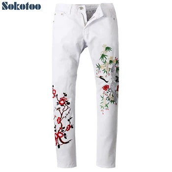 Sokotoo Men's fashion white crane flower embroidery jeans Slim fit embroidered denim pants
Sokotoo Men's fashion white crane flower embroidery jeans Slim fit embroidered denim pants