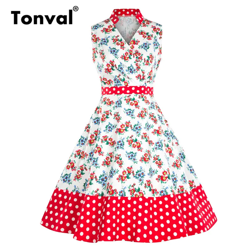 Tonval Retro Rockabilly Floral Print Women Dress Red Contrast High Waist A Line Skater Dresses Vintage Midi Polka Dot Dress
Tonval Retro Rockabilly Floral Print Women Dress Red Contrast High Waist A Line Skater Dresses Vintage Midi Polka Dot Dress