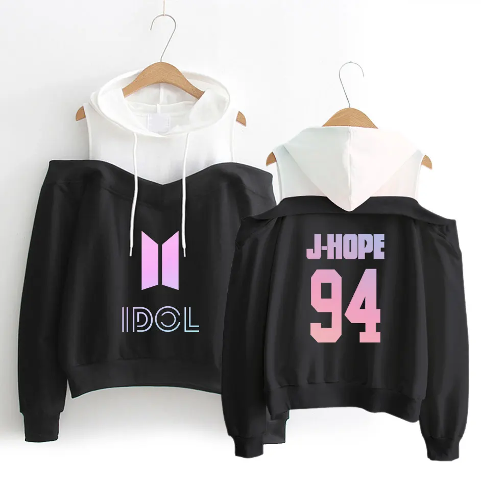 

IDOL J-HOPE/RM pattern printing women's fashion hip hop casual hood long-sleeved off-shoulder sweatershirt SIZE S-XL