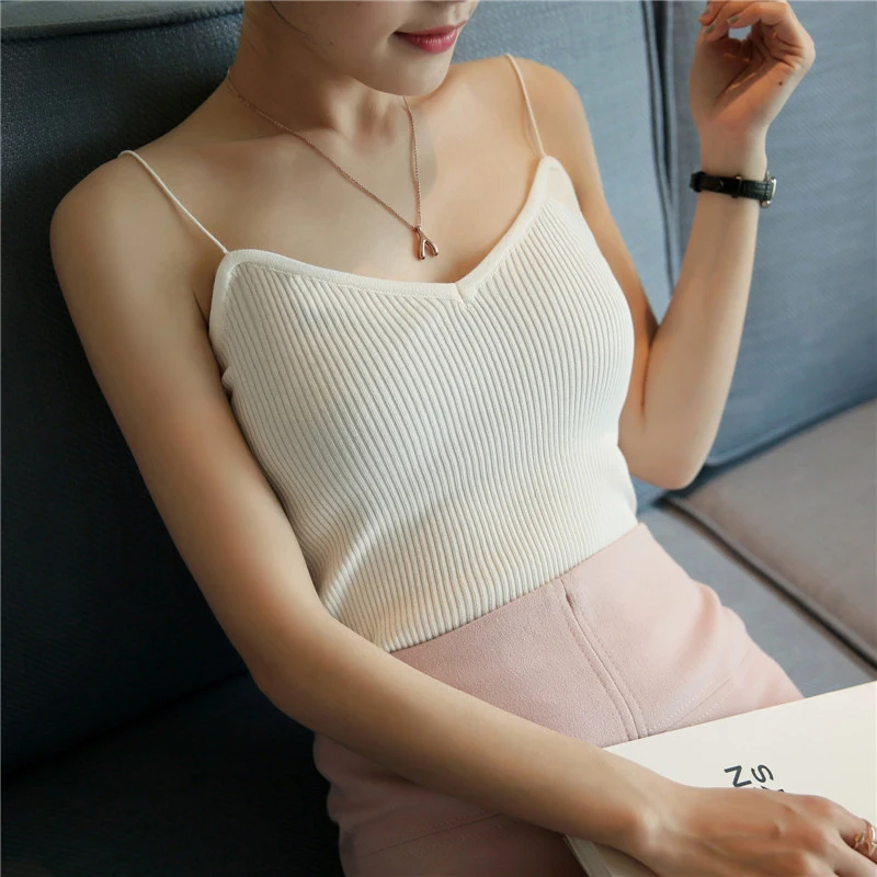 

2017 spring new sexy slim all-match V neck knit vest suspenders bottoming shirt blouse slim