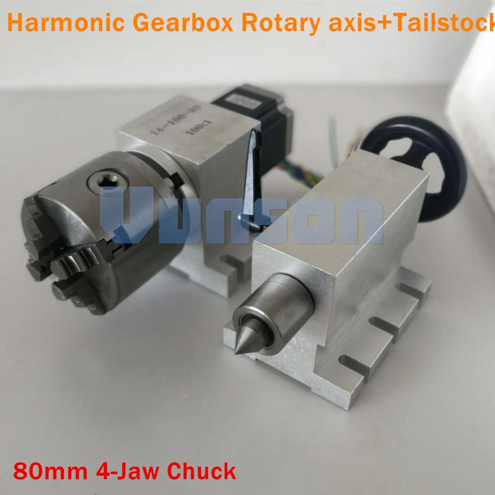 4-Jaw 80mm Chuck Reduction Ratio 100:1 Gapless Harmonic Gearbox Rotary CNC 4th Axis+Live Center Tailstock Kits
4-Jaw 80mm Chuck Reduction Ratio 100:1 Gapless Harmonic Gearbox Rotary CNC 4th Axis+Live Center Tailstock Kits