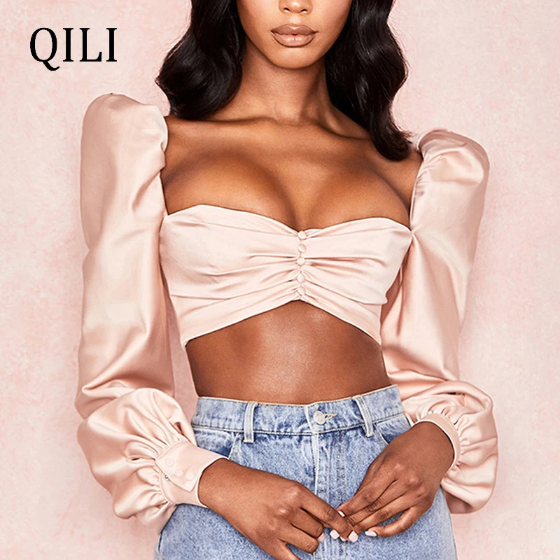 QILI High Quality Poplin Shirt Short Blouse Pink Slash Neck Full Sleeve Pleated Button Top Women Reflective Satin Blouse Shirt
QILI High Quality Poplin Shirt Short Blouse Pink Slash Neck Full Sleeve Pleated Button Top Women Reflective Satin Blouse Shirt