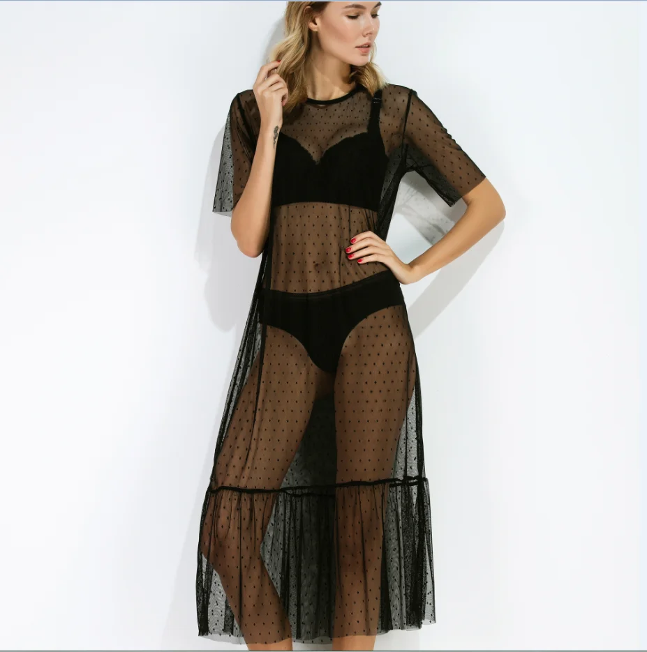 Summer Beach Casual Dress Women Black Ruffle Hem Sheer Dotted Mesh Dress Ladies Short Sleeve High Low Sexy Midi Black Dress
Summer Beach Casual Dress Women Black Ruffle Hem Sheer Dotted Mesh Dress Ladies Short Sleeve High Low Sexy Midi Black Dress