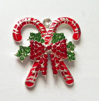 

38x37mm 10pcs/lot silver Zinc alloy Christmas Candy canes rhinestone Pendants for Jewelry Necklace making (As shown)