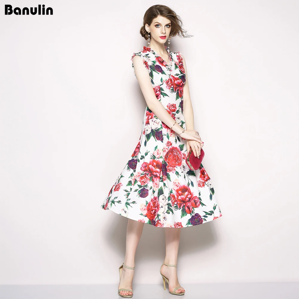 Banulin Runway Designer Summer Dress Women's Sleeveless Tank Elegant V-Neck Rose Floral Print Appliques Casual Party Dress
Banulin Runway Designer Summer Dress Women's Sleeveless Tank Elegant V-Neck Rose Floral Print Appliques Casual Party Dress