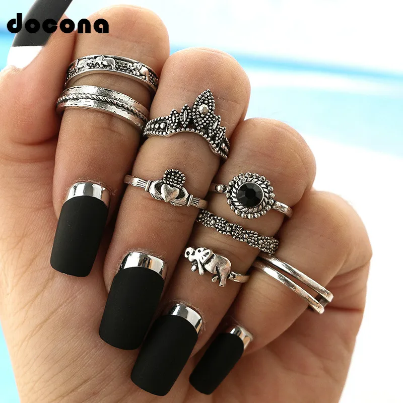 Docona Women Female Bohemia Vintage Silver Crown Elephant Heart Shape Design Black Opal Stone 5 pcs/sets Finger Rings Gift 4639
Docona Women Female Bohemia Vintage Silver Crown Elephant Heart Shape Design Black Opal Stone 5 pcs/sets Finger Rings Gift 4639