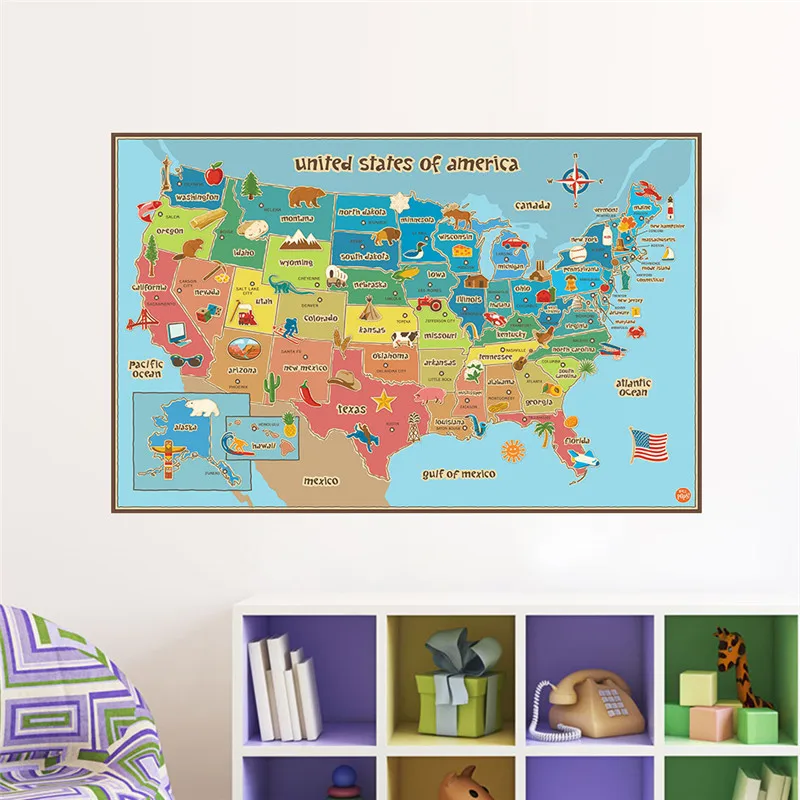 Image USA animals plant map of American wall art office living room decor retro wall stickers art peel and stick