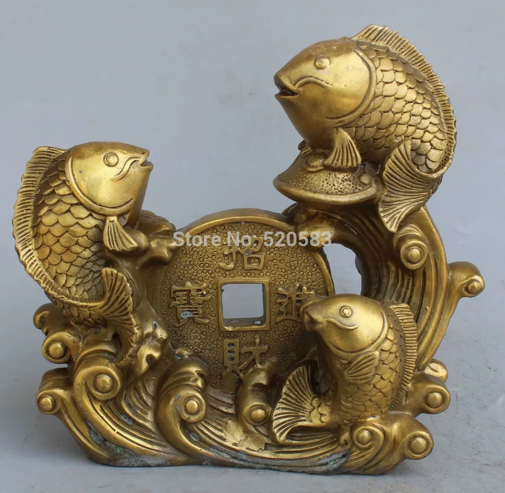 free 10" Chinese Brass Bronze Wealth Money Double three Fishes Fish GoldFish Statue fast 
free 10" Chinese Brass Bronze Wealth Money Double three Fishes Fish GoldFish Statue fast