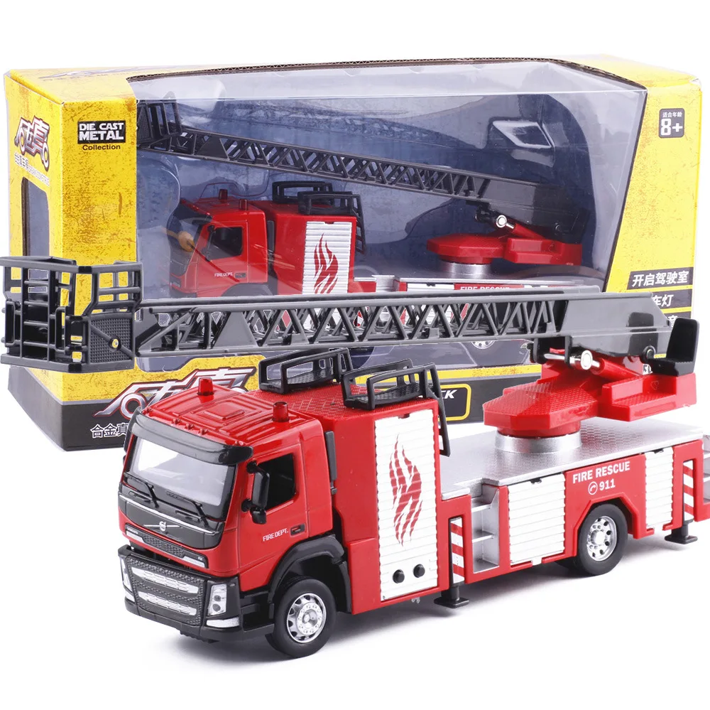 Image High simulation 132 alloy pull back fire rescue, engineering car, Volvo fire truck, original packaging gift box,free shipping