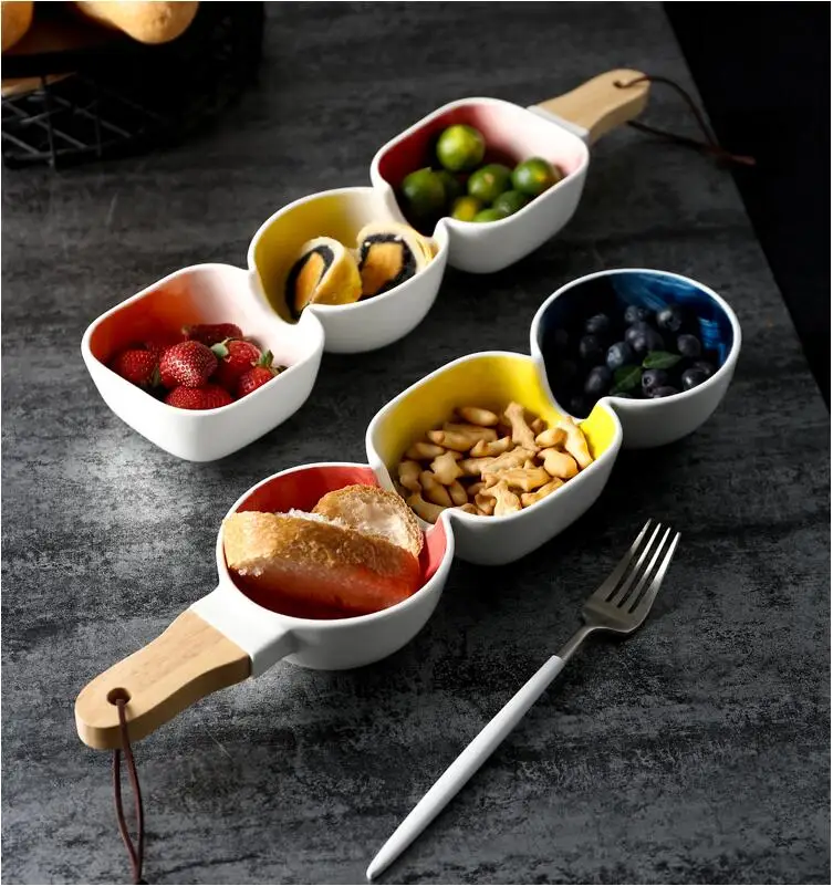 Ceramic lattice wooden handle fruit platter creative Japanese tableware plate candy color sushi snack platter dessert plate
Ceramic lattice wooden handle fruit platter creative Japanese tableware plate candy color sushi snack platter dessert plate