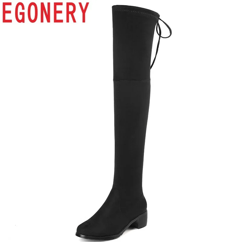

EGONERY shoes women 2018 winter new outside comfrtable round toe med hoof heels lace-up kid suede nine colors over knee boots