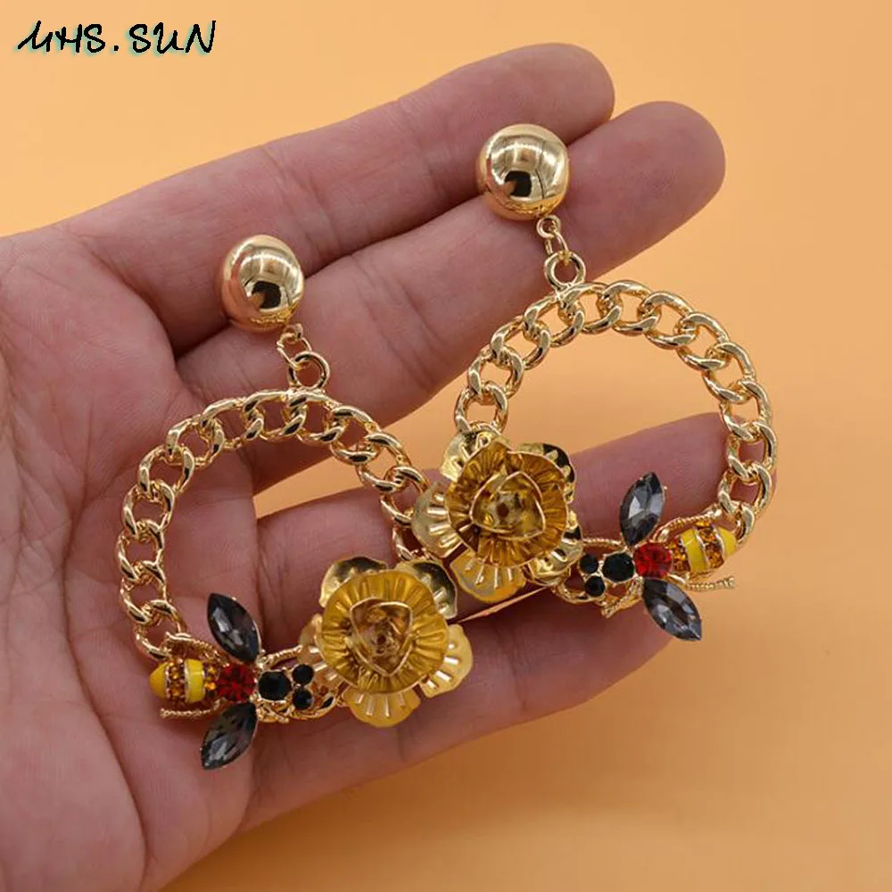 

MHS.SUN Baroque women flower bee big circle drop earrings gold color crystal exaggerated dange jewelry vintage style