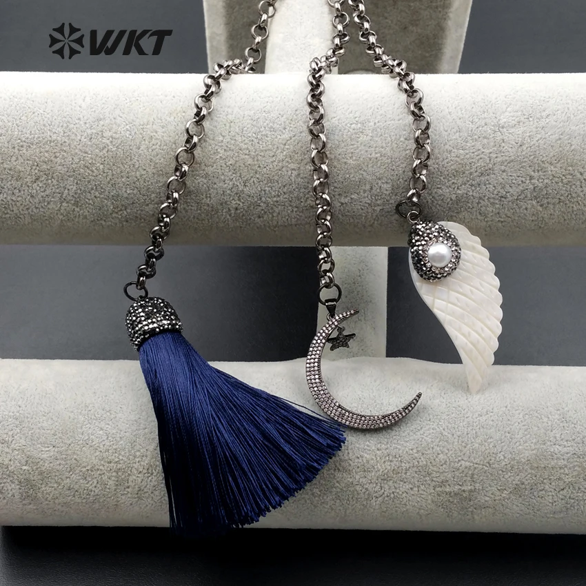 WT-NV172 WKT New Design Triple Pendant Necklace With Tassel Crescent Rhinestone Pendant And Feather Pearl Pendant Women Necklace
WT-NV172 WKT New Design Triple Pendant Necklace With Tassel Crescent Rhinestone Pendant And Feather Pearl Pendant Women Necklace