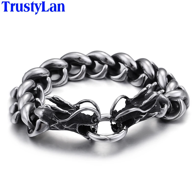 TrustyLan Double Dragon Head Mens Bracelets 2018 17MM Wide Men's Stainless Steel Bracelet For Men Wheat Link Chain Punk Jewelry
TrustyLan Double Dragon Head Mens Bracelets 2018 17MM Wide Men's Stainless Steel Bracelet For Men Wheat Link Chain Punk Jewelry