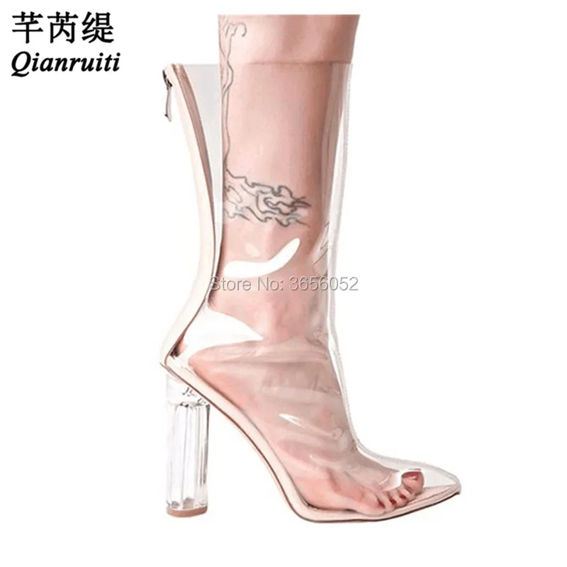 

Qianruiti Film Jelly Shoes PVC Rain Booties 11cm Perspex High Heels Sexy Summer Boots Women Clear Heel Transparent Ankle Boots