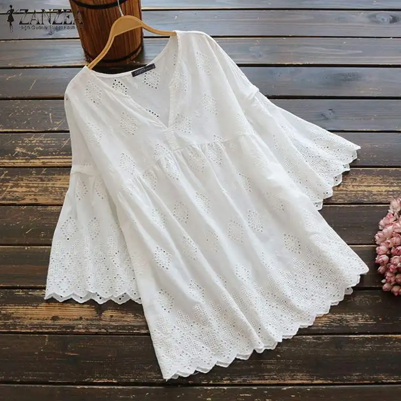 Elegant Women's Summer Blouse 2019 ZANZEA Embroidery Tops Flare Sleeve Shirts Female V Neck Linen Blusas Oversized Hollow Tops
Elegant Women's Summer Blouse 2019 ZANZEA Embroidery Tops Flare Sleeve Shirts Female V Neck Linen Blusas Oversized Hollow Tops
