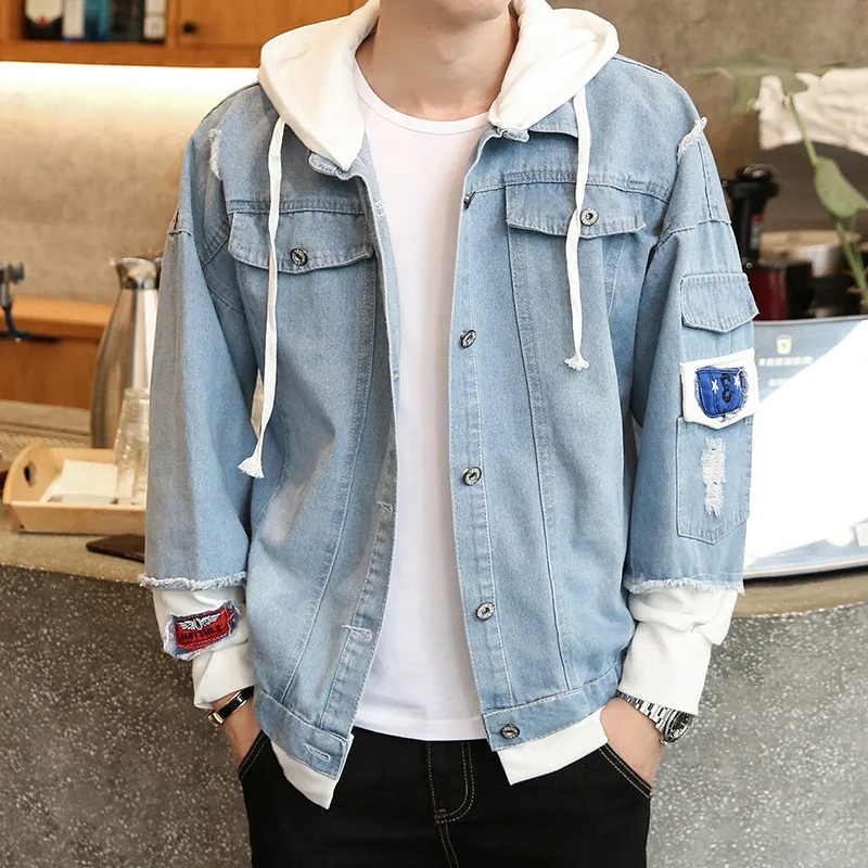 Korean Style Men Denim Jacket Coat Solid Stitching Casual Autumn Winter Fashion Men's Jean Outwear Male Cowboy hooded jacket
Korean Style Men Denim Jacket Coat Solid Stitching Casual Autumn Winter Fashion Men's Jean Outwear Male Cowboy hooded jacket