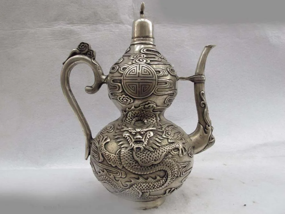 9 Chinese Folk Refined White Copper Silver Dragon Gourd Kettle Flagon wine pot SD 506