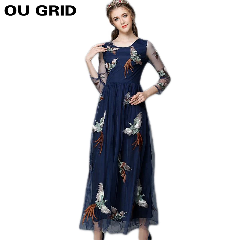 Women Party Dress New Fashion Party Bird Embroidery Maxi Long Dress Patchwork Mesh Long Sleeve O-neck slim Casual Dress
Women Party Dress New Fashion Party Bird Embroidery Maxi Long Dress Patchwork Mesh Long Sleeve O-neck slim Casual Dress