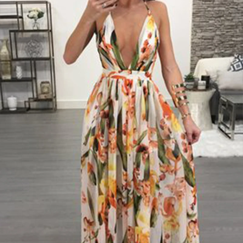 2019 Summer Women'S Dress Strap High Waist Print Dress Deep V-Neck Halter Sexy Color Chiffon Fashion Long Dress
2019 Summer Women'S Dress Strap High Waist Print Dress Deep V-Neck Halter Sexy Color Chiffon Fashion Long Dress