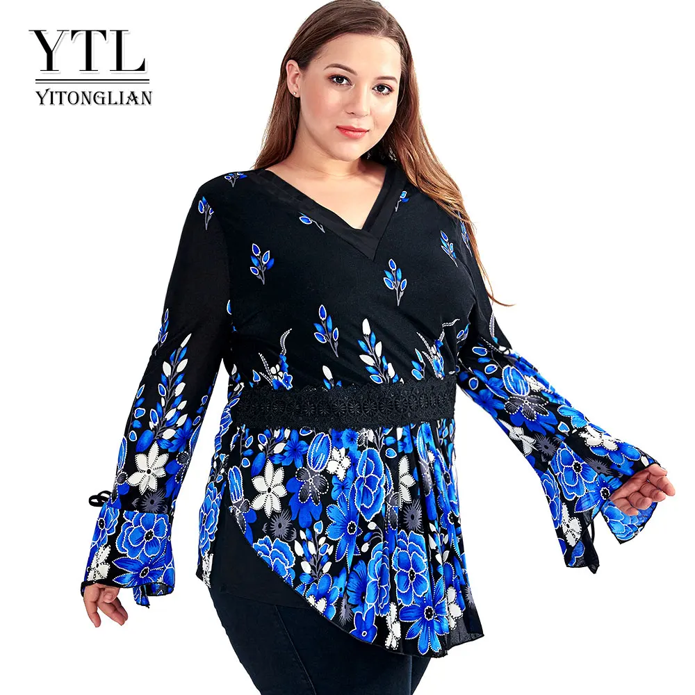 

YTL Plus Size T Shirt Women Autumn Spring Floral Lace V Neck Top Female Tunic Long Sleeve T-shirt Tops Kimono 5XL 6XL 7XL H018