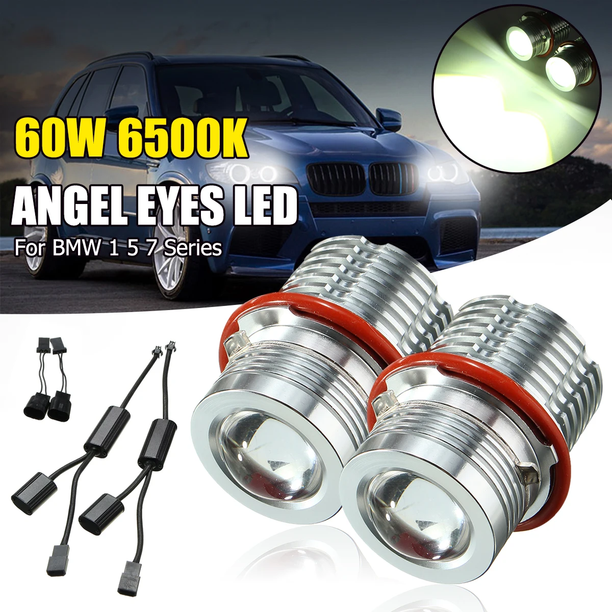 LED Angel Eyes Halo Ring Bulbs 80W 6000K White for BMW E39 E60 1-series 5-series 7-series X-series 2 Sets