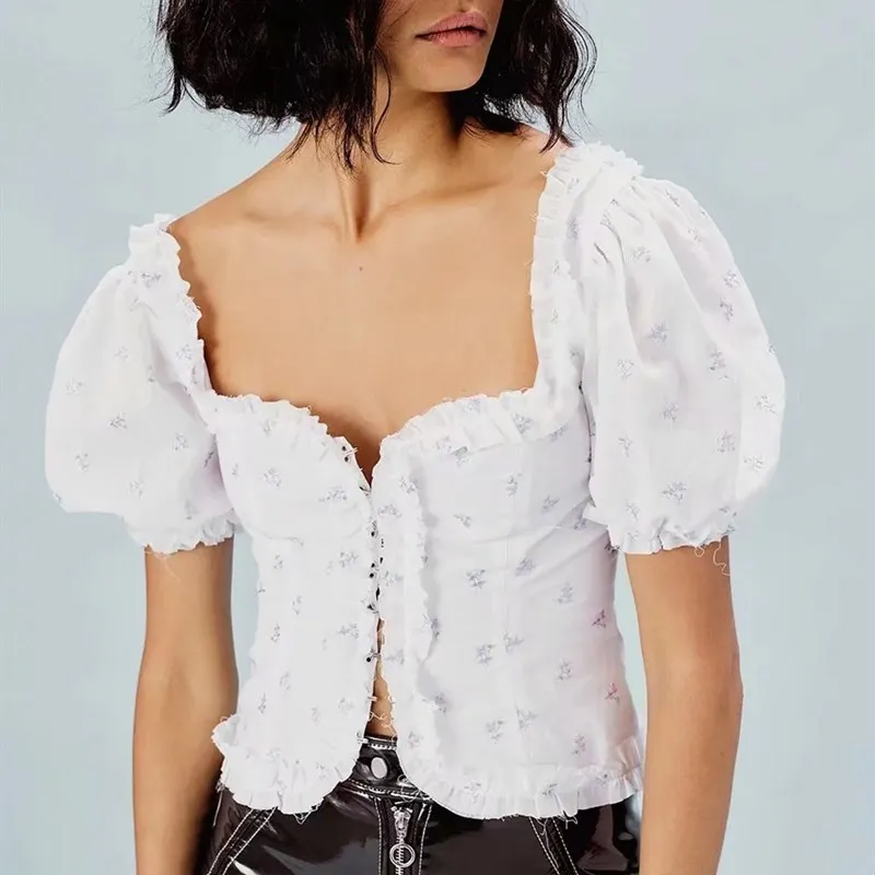 Women Ruffled Floral Embroidery Blouses Puff Sleeve Square Collar Shirts Vintage Streetwear Print Crop Top
Women Ruffled Floral Embroidery Blouses Puff Sleeve Square Collar Shirts Vintage Streetwear Print Crop Top