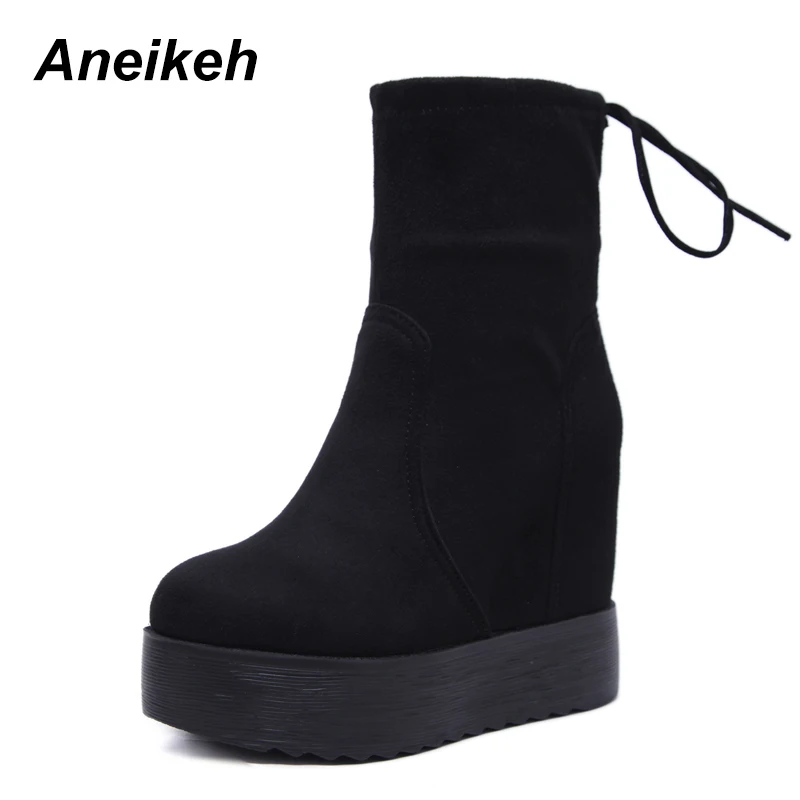 Aneikeh 2018 New Arrival Women Wedges Shoes Ankle Boots Lacing Increasing High Heels Casual Shoes Women Platform Autumn Boots