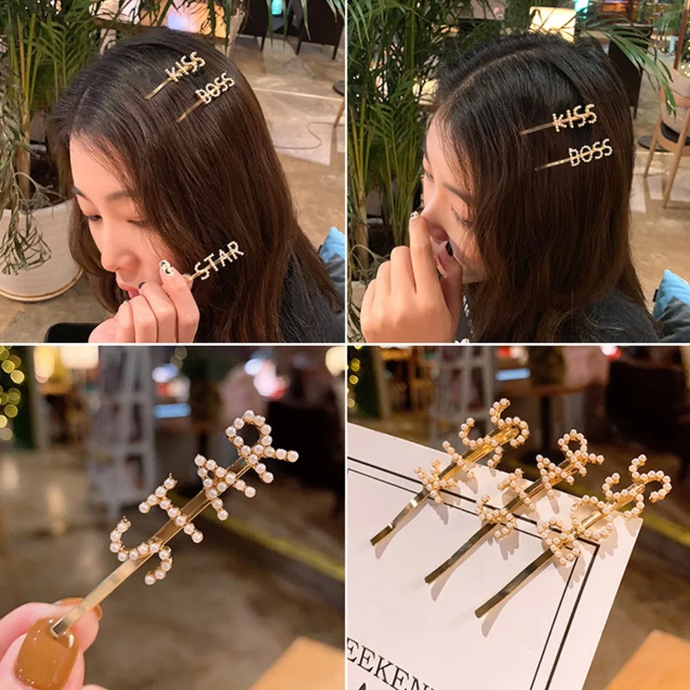 Фото MISM Korean Fashion Hairpins Women Pearl Letter Barrettes Retro Girls Hair Accessaries Mental Hairclips Elegant Hairgrips | Аксессуары