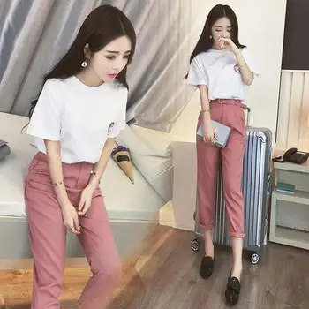 

Fashion 2019 Spring Feminine Casual Button 2 Pcs Set Brief Pocket Korean Twinset Print Zip Belt Women Sets Clothes