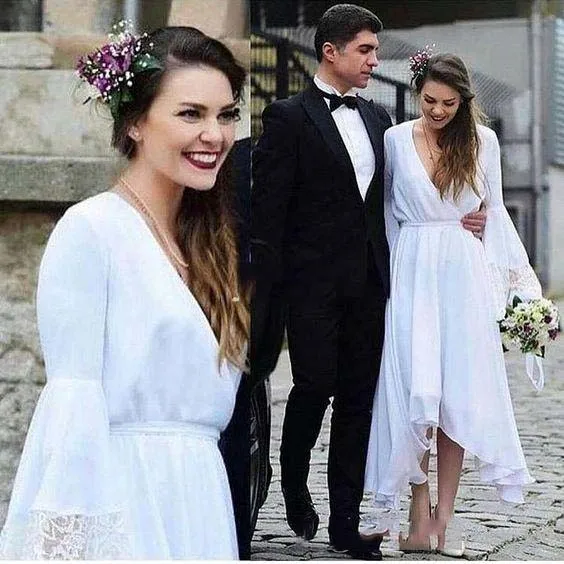 White Bohemian Wedding Dresses V Neck Long Sleeve Tea Length Lace Chiffon Beach Boho Country Bridal Gowns Plus Size
White Bohemian Wedding Dresses V Neck Long Sleeve Tea Length Lace Chiffon Beach Boho Country Bridal Gowns Plus Size
