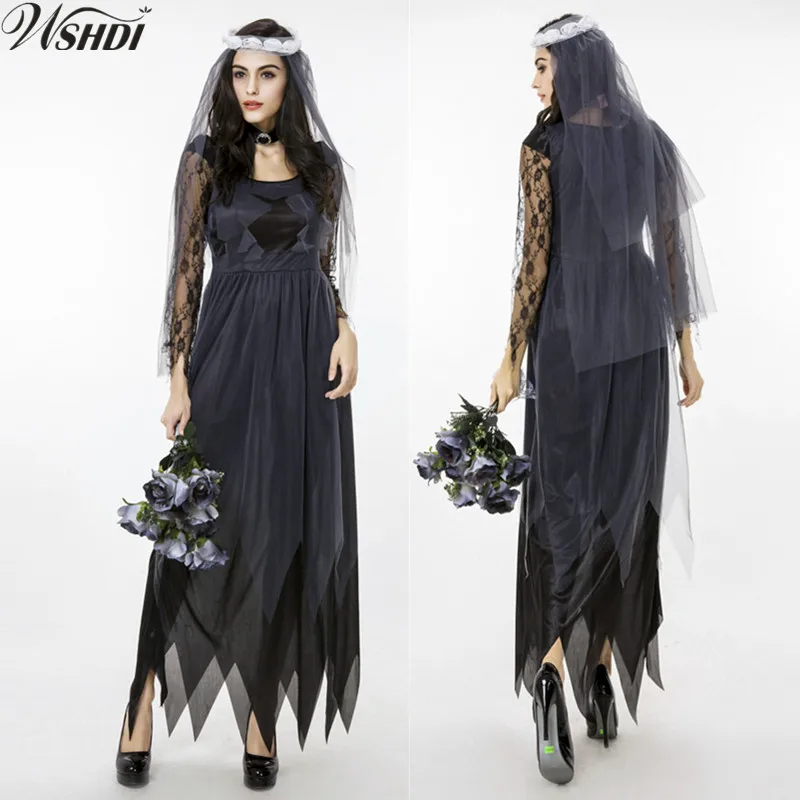 Dark Angel Ghost Bride Costumes Black Lace Manor Zombie Wedding Gothic Corpse Dress Halloween Vampire Cosplay Costumes
Dark Angel Ghost Bride Costumes Black Lace Manor Zombie Wedding Gothic Corpse Dress Halloween Vampire Cosplay Costumes