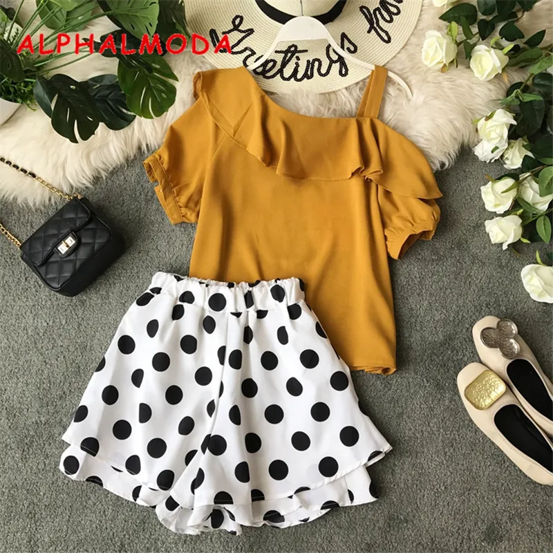 ALPHALMODA 2019 Summer Ladies Irregular Off-shoulder Ruffled Blouses Chiffon Shirts + Polka Dot Women Casual 2pcs Sets
ALPHALMODA 2019 Summer Ladies Irregular Off-shoulder Ruffled Blouses Chiffon Shirts + Polka Dot Women Casual 2pcs Sets