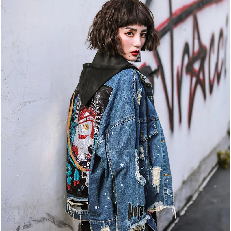 Sequined Denim Jackets Harajuku Women broken-holes jacket Female Hip-hop Coats Vintage Autumn holes loose Outerwear
Sequined Denim Jackets Harajuku Women broken-holes jacket Female Hip-hop Coats Vintage Autumn holes loose Outerwear