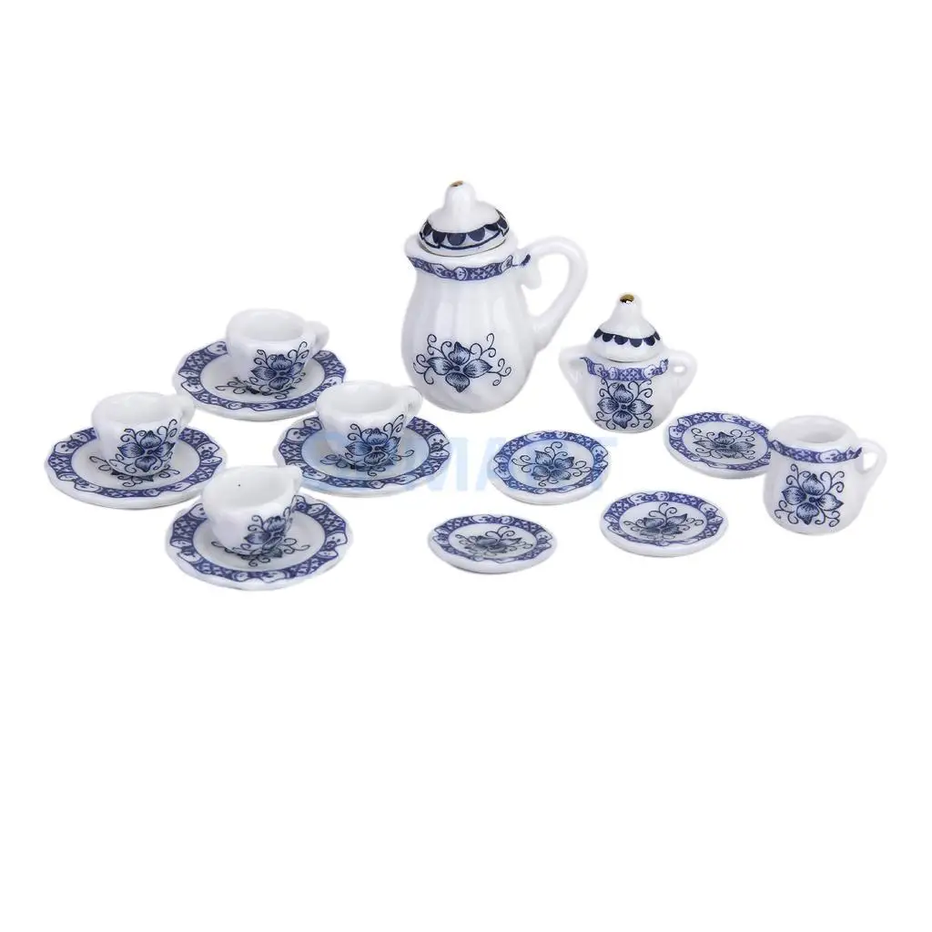 MagiDeal 15Pcs Dollhouse Miniature Dining Ware Blue Porcelain Tea Coffee Set Dish Cup Plate Furniture Decor Pretend Play Toys