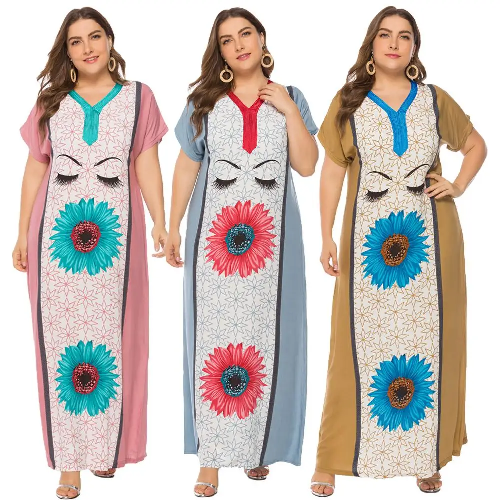 Ramadan Muslim Women V-Neck Long Maxi Dress Floral Print Abaya Arab Islamic Robe Plus Size Ethnic Short Sleeve Vintage Clothing |