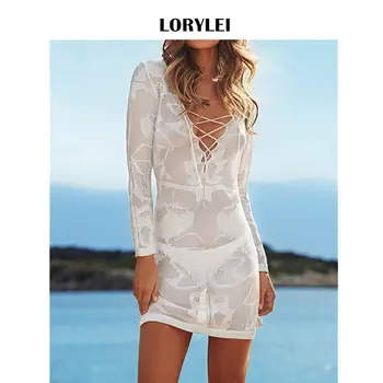 2020 Sexy Lace Up Deep V Neck Solid White Crochet Tunic Beach Dress Women Summer Knitted Beachwear Long Sleeve Mesh Dress Q38
2020 Sexy Lace Up Deep V Neck Solid White Crochet Tunic Beach Dress Women Summer Knitted Beachwear Long Sleeve Mesh Dress Q38
