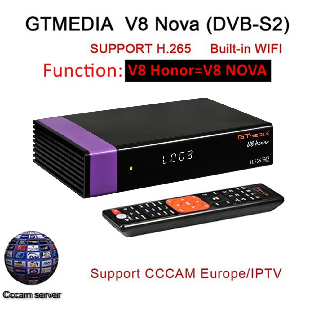 

GT MEDIA V8 Honor DVB-S2 Freesat Satellite TV Receiver FTA Decoder Support PowerVu Biss Key Newca CCCAM Youtube IPTV Purple V8