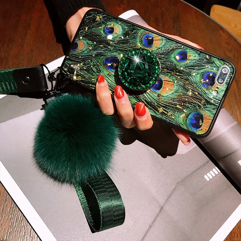 Green Peacock Feather Epoxy Lanyard Luxury Hair Ball Diamond Bracket cover case for iphone MAX XS XR 6 7 8 plus X phone cases
Green Peacock Feather Epoxy Lanyard Luxury Hair Ball Diamond Bracket cover case for iphone MAX XS XR 6 7 8 plus X phone cases