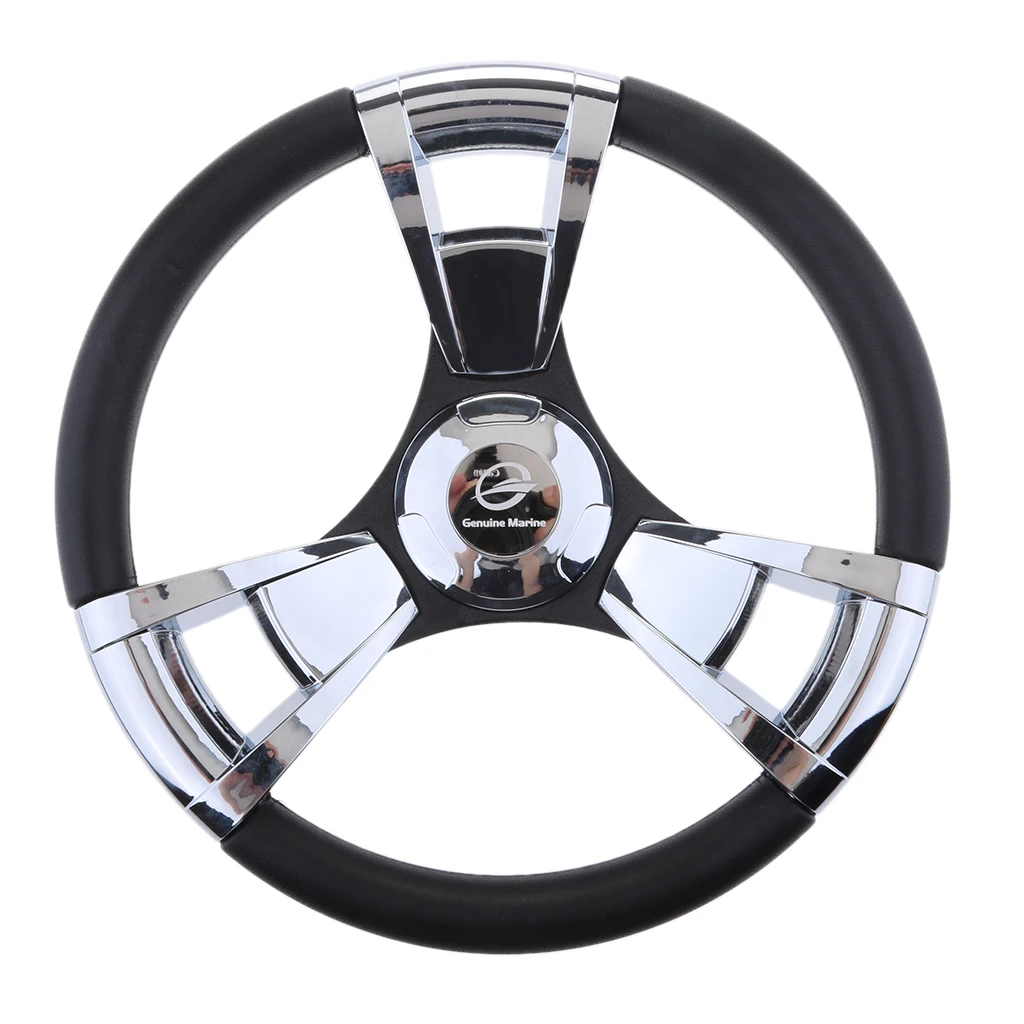 

350mm 3/4'' Steering Wheel with Polished Chromed Spokes for Marine Boat Yacht Aluminum alloy spokes Black Grip