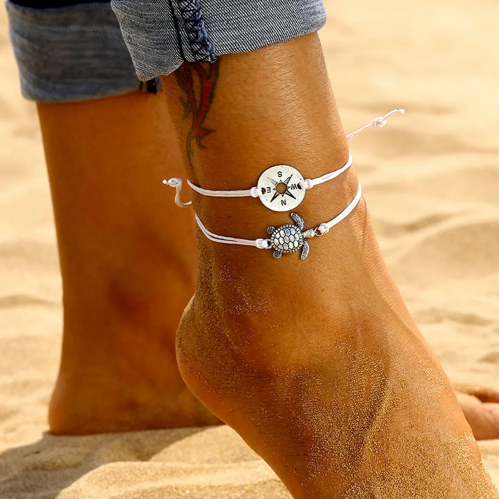 

Vintage Silver Compass Turtle Shaped Charm Rope Anklet Set Bohemian Ankle Bracelets For Women Barefoot Leg Chain Foot Jewelry