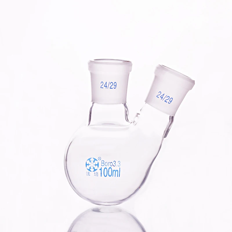 Two-necked flask oblique shape,with two necks standard grinding mouth,Capacity 100ml,Middle joint 24/29 and lateral joint 24/29
Two-necked flask oblique shape,with two necks standard grinding mouth,Capacity 100ml,Middle joint 24/29 and lateral joint 24/29