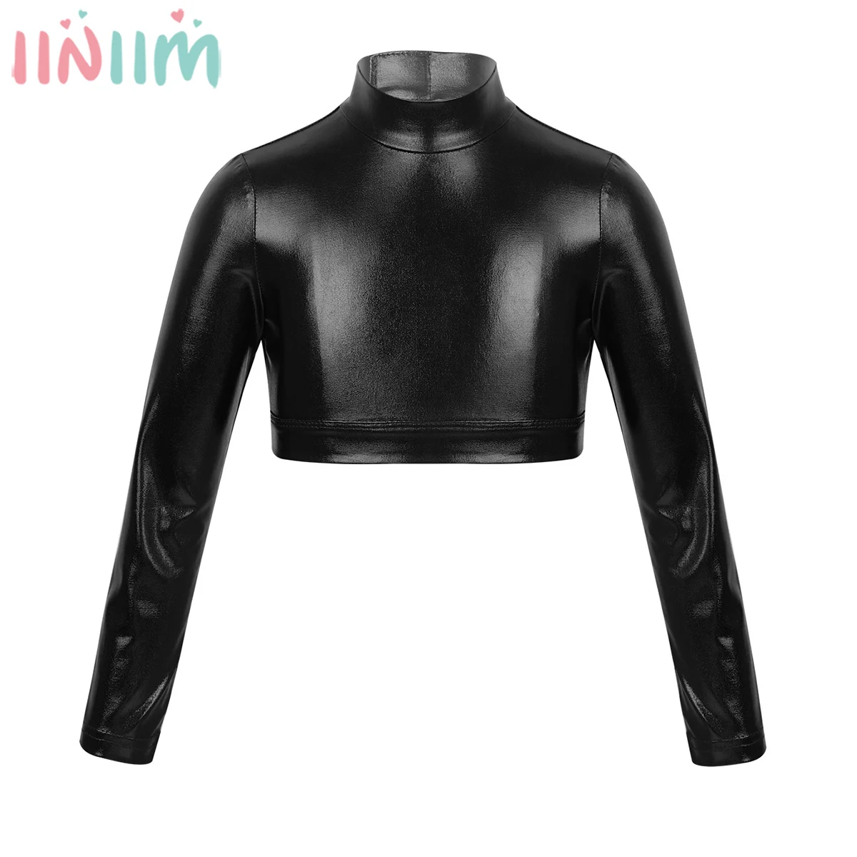 

Kids Girls Tops Long Sleeves Mock Neck T-Shirt Glossy Metallic Tops Crop Top for Dancing Gymnastics Leotard Stage Performance