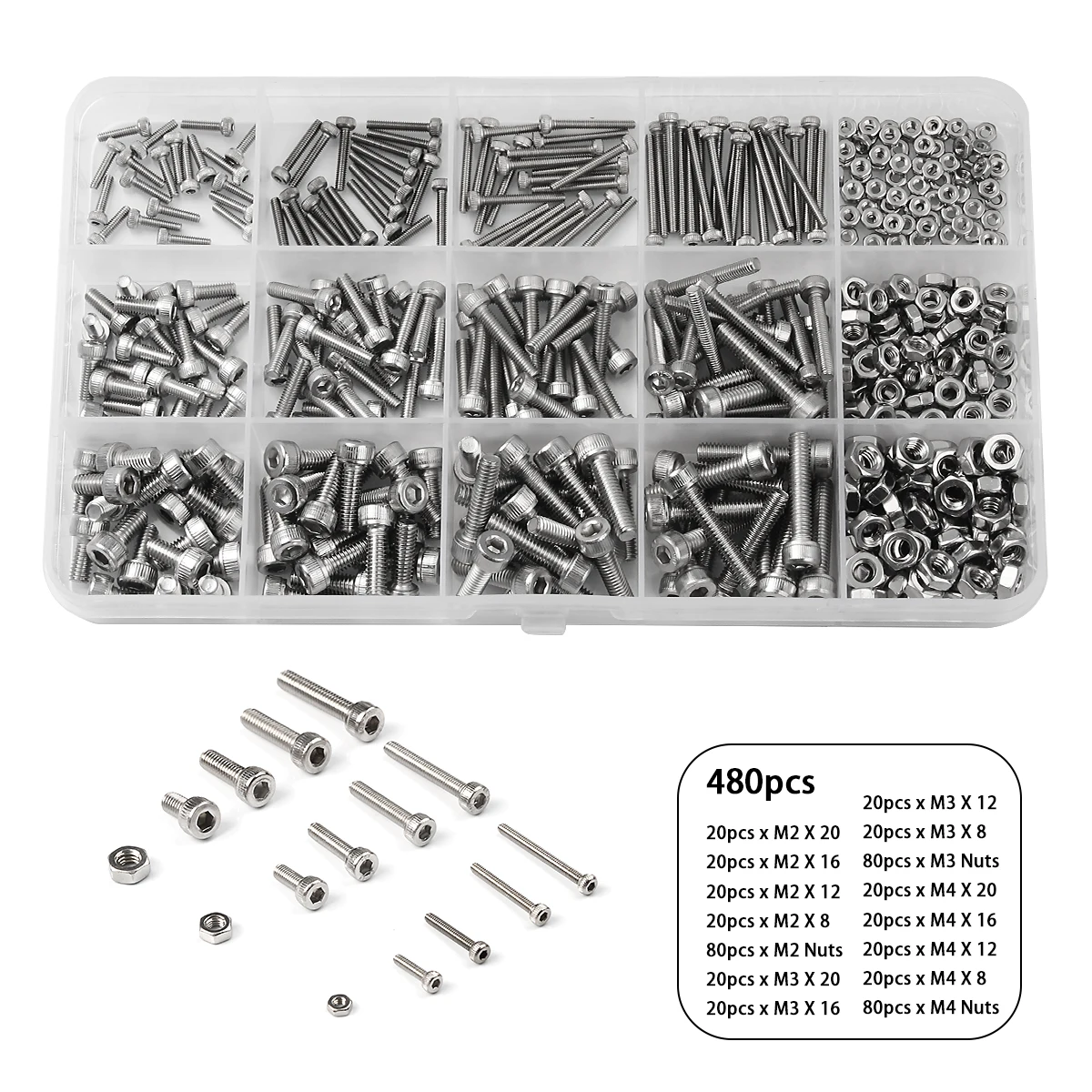 480pcs M2 M3 M4 304 Stainless Steel Cylinder Head Hex Socket Head Cap Screws Nut Assorted Kit
480pcs M2 M3 M4 304 Stainless Steel Cylinder Head Hex Socket Head Cap Screws Nut Assorted Kit