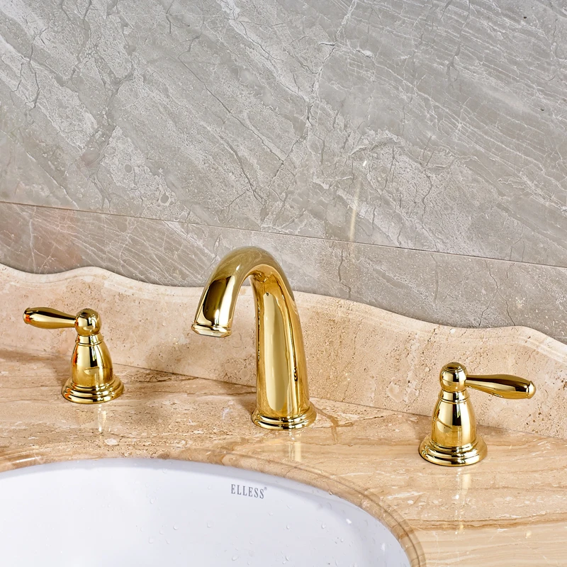Gold Finished Widespread 3pcs Bathroom Sink Faucet Double Handle Mixer Tap 
Gold Finished Widespread 3pcs Bathroom Sink Faucet Double Handle Mixer Tap